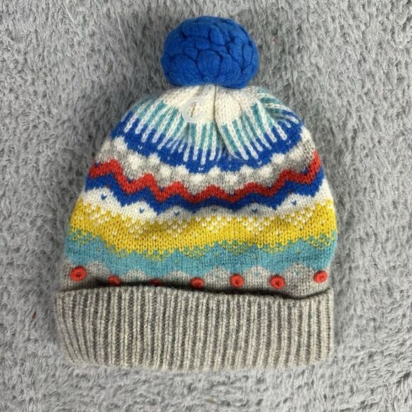 Boden Unisex Youth Wool Beanie Stripes XS Grey Blue Stripes - Picture 1 of 6